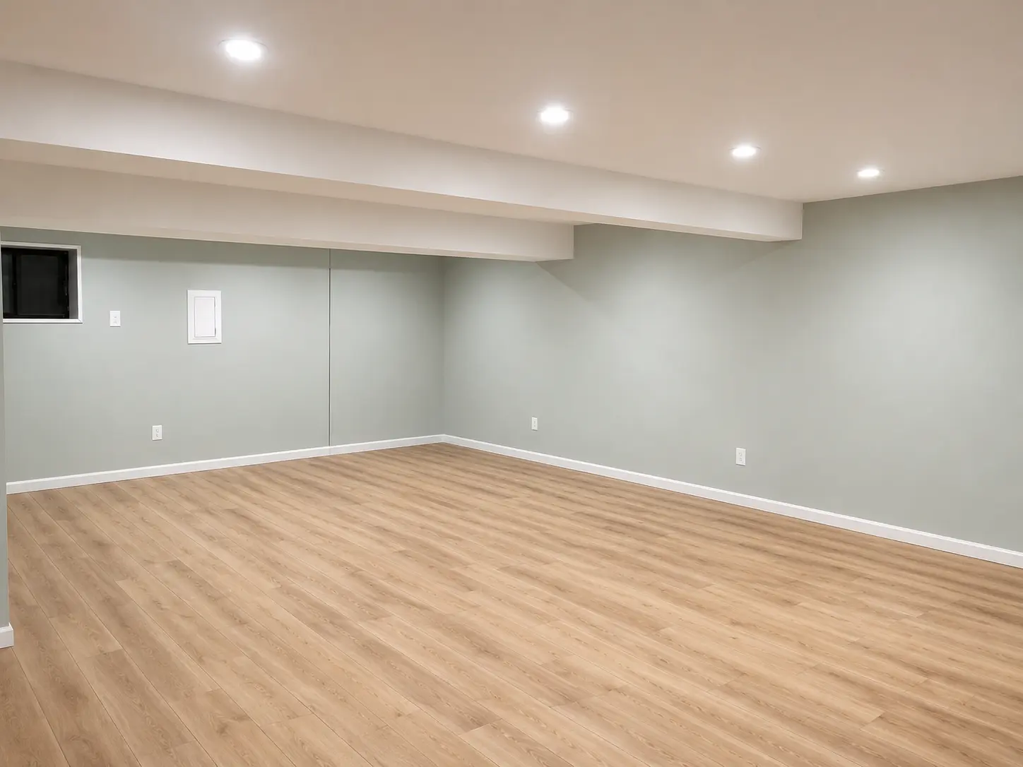 Basement renovation in Arlington VA — finished flooring, painted walls, and trim work