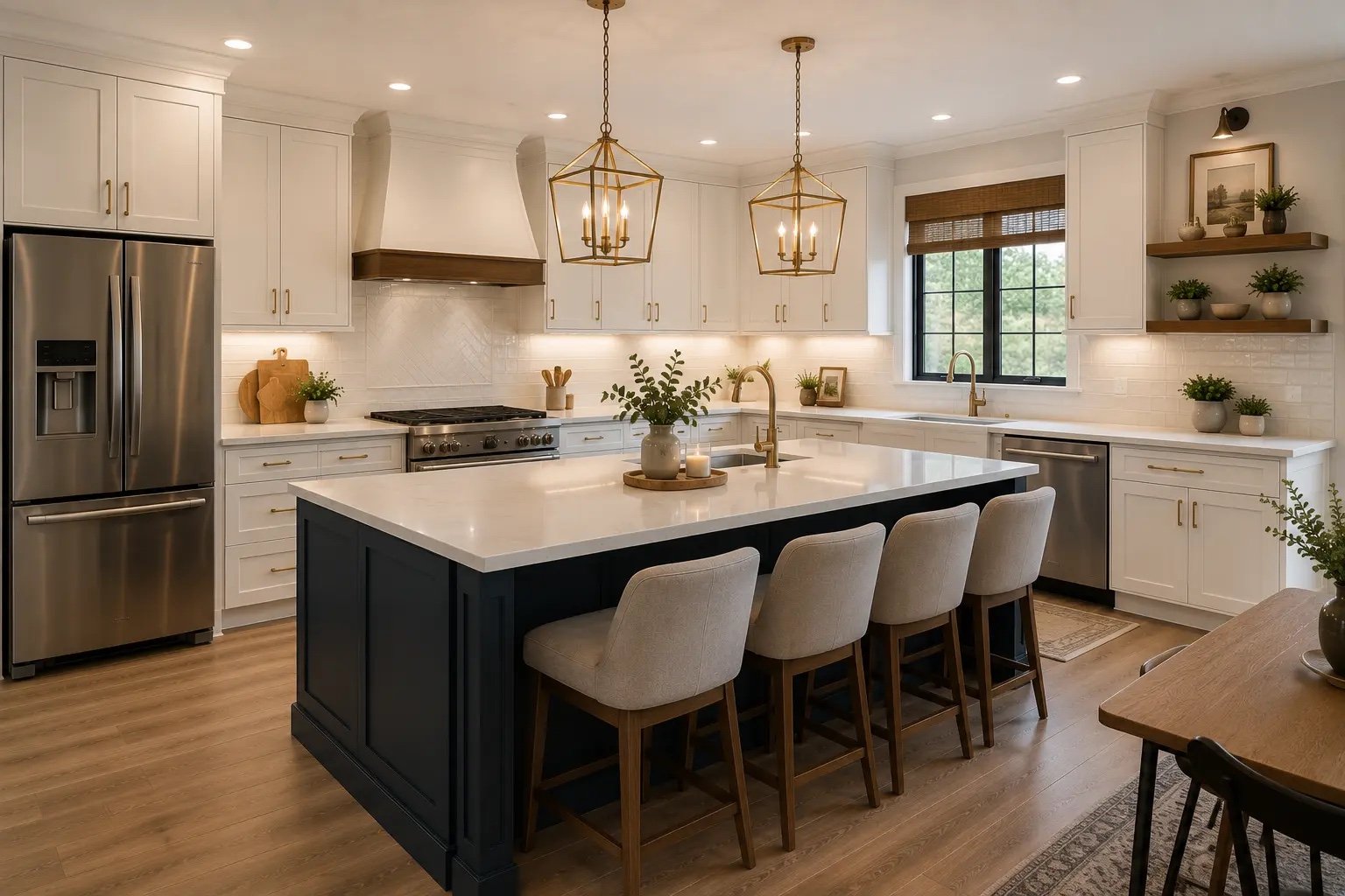 Full kitchen remodeling in Arlington VA — finished kitchen with island and pendant lighting