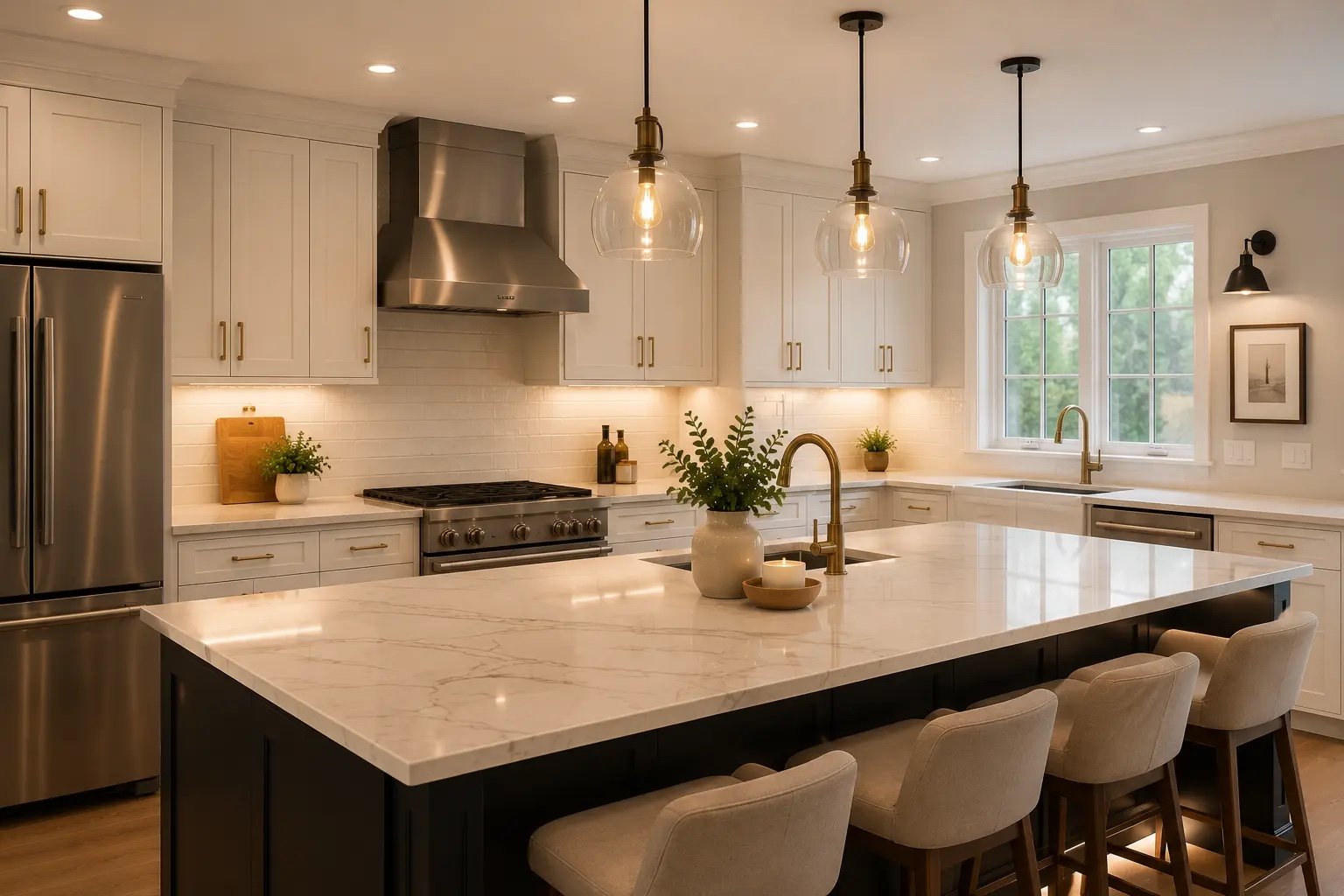 Kitchen lighting and finish upgrades Arlington VA — recessed lights and pendants
