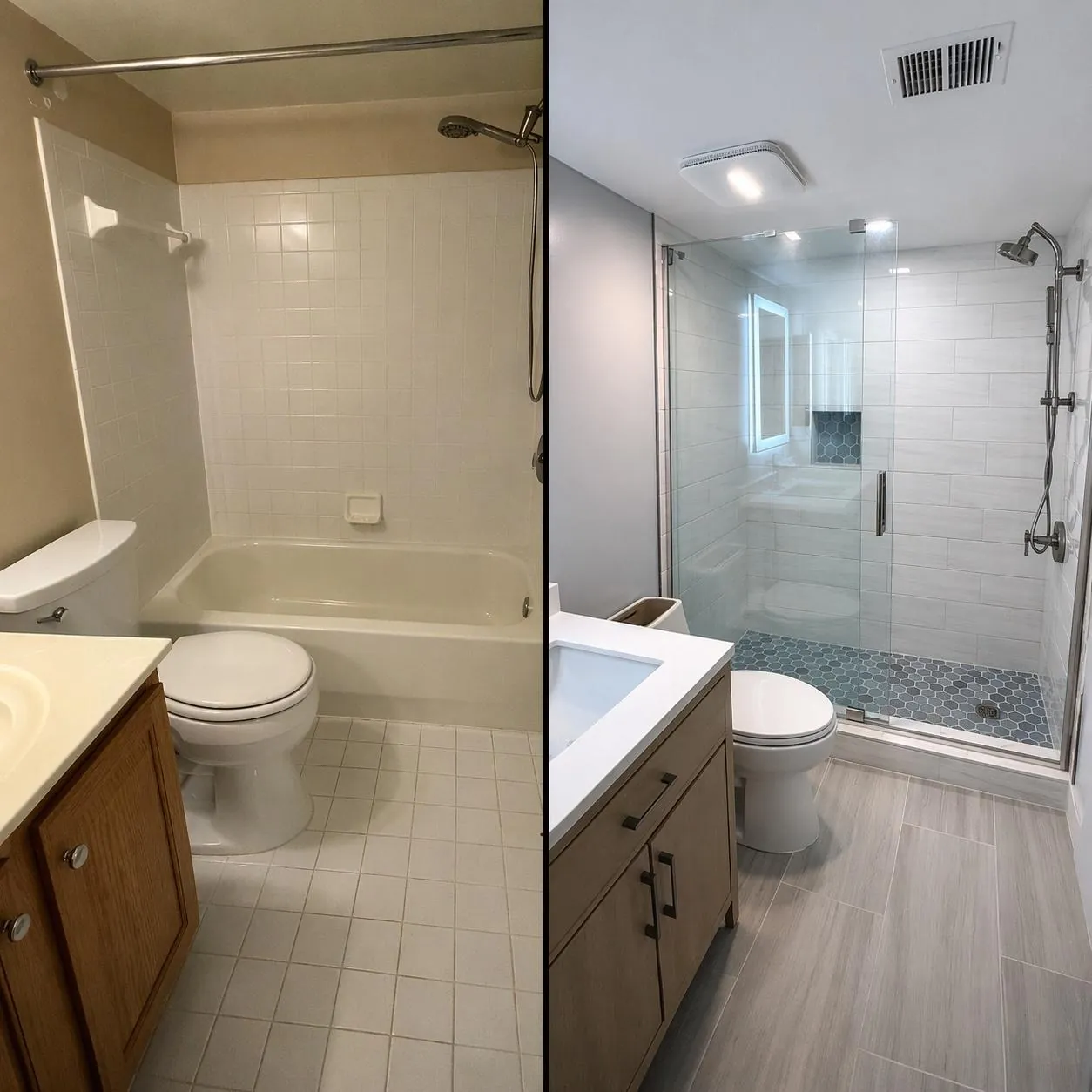 Before and after bathroom remodeling project in Arlington VA by Prime Build Solution, outdated tub converted to a modern walk-in shower with glass enclosure and new tile